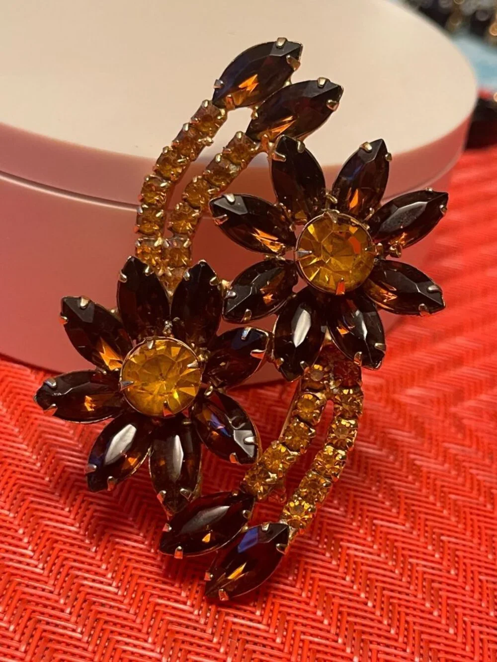 Vtg MCM Amber & Topaz Rhinestone Floral Brooch With Marquise & Chaton Stones In